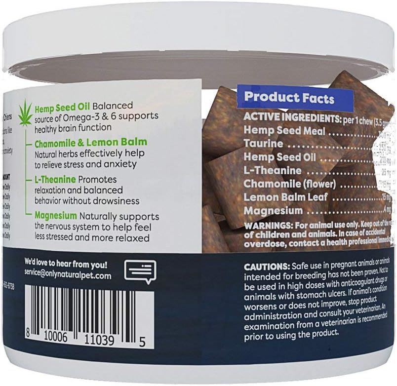 Only Natural Pet dog anxiety relief treats ingredient list and benefits