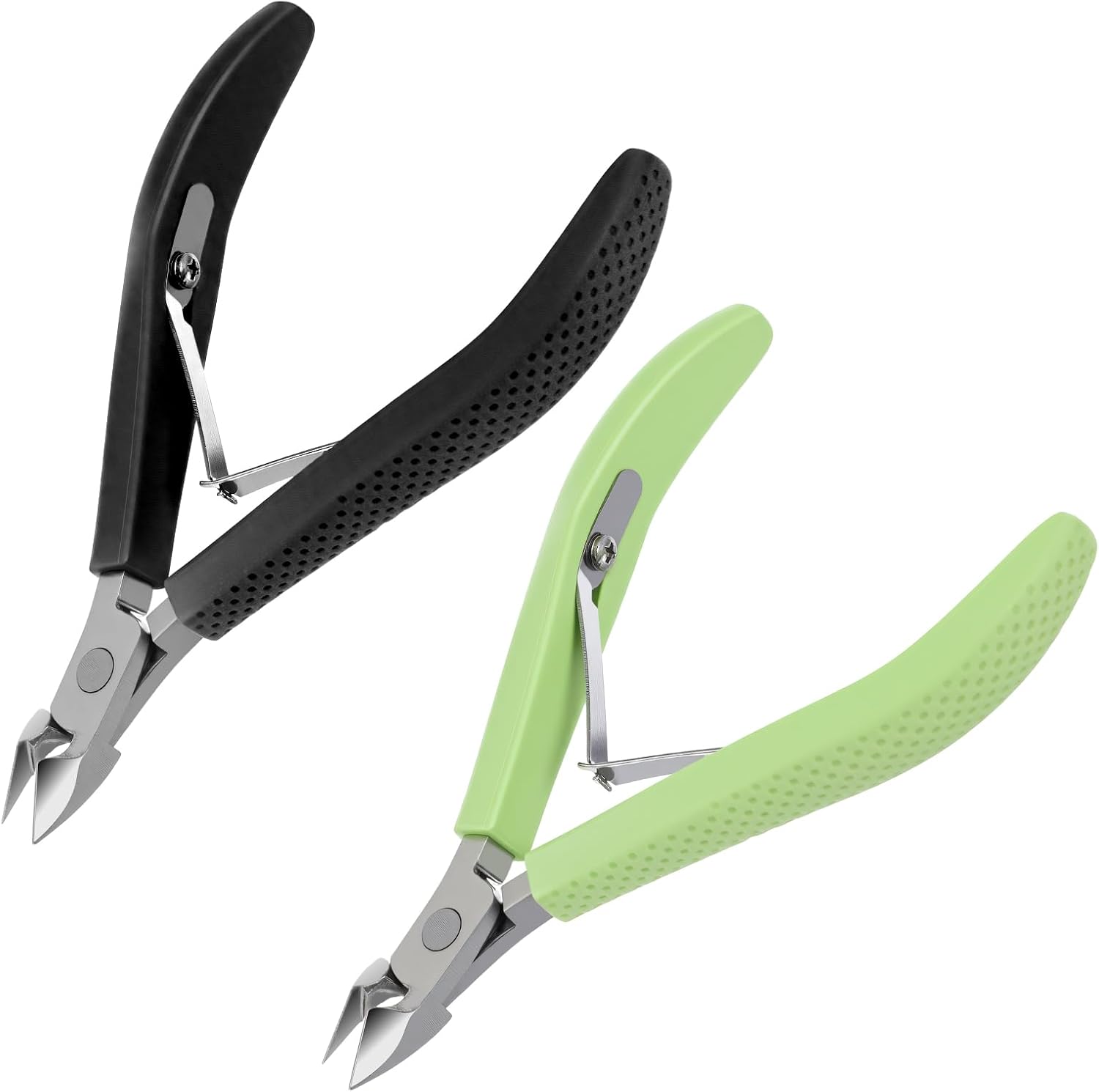 Tucnoeu stainless steel cuticle trimmer front view showcasing the black and green non slip silicone handles.