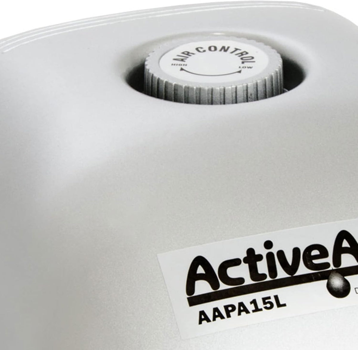 Active Aqua AAPA15L air pump side profile highlighting metal nozzle connections.