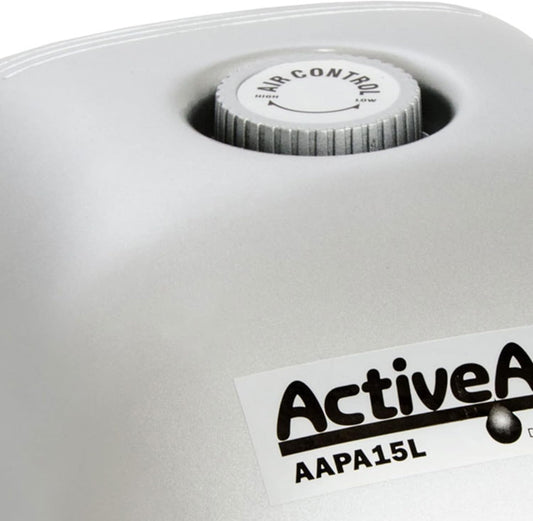 Active Aqua silver and grey aquarium air pump showing four independent metal outlets