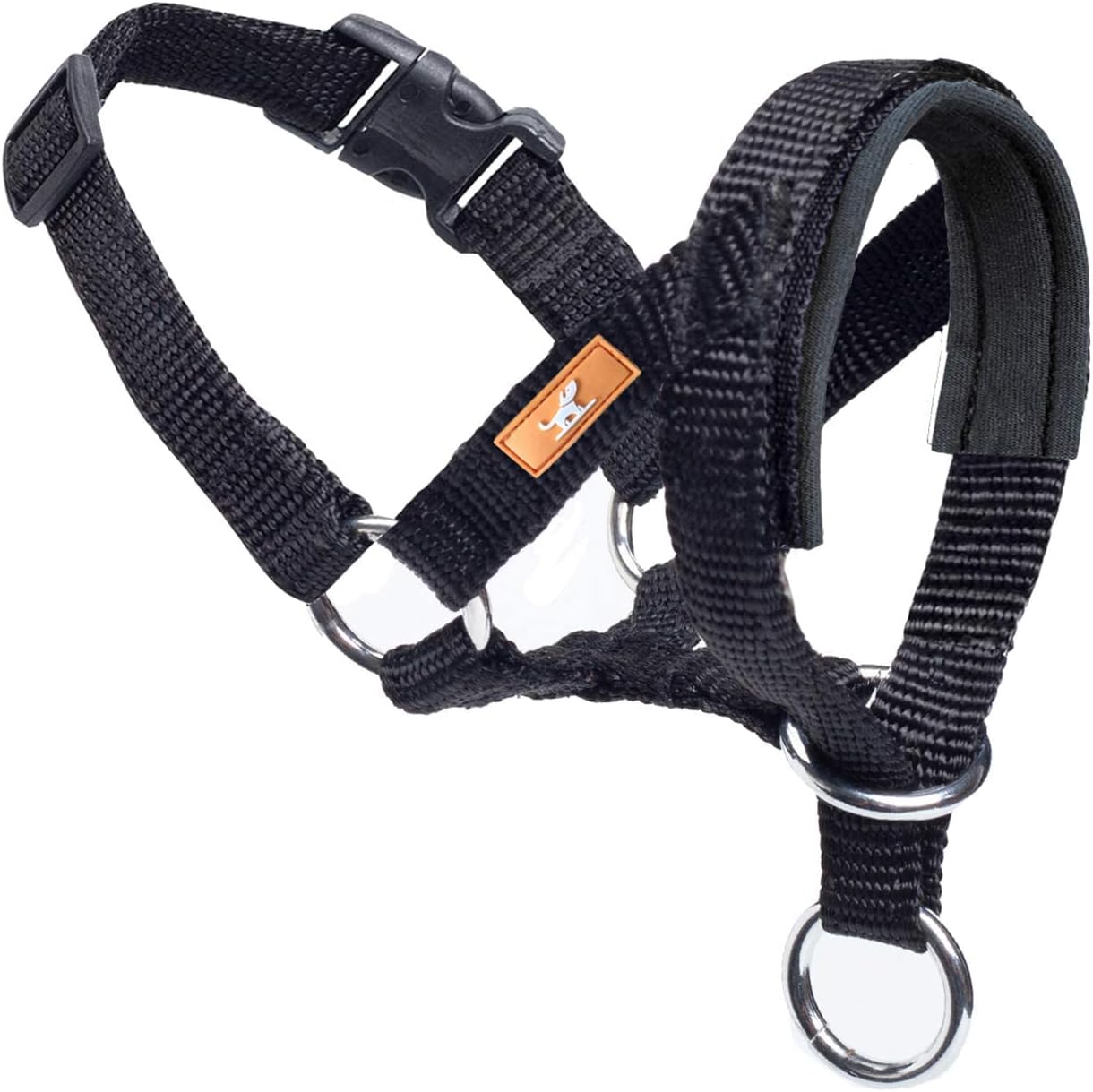 Wintchuk dog head collar front view on a large breed dog showcasing the black padded fabric nose piece.