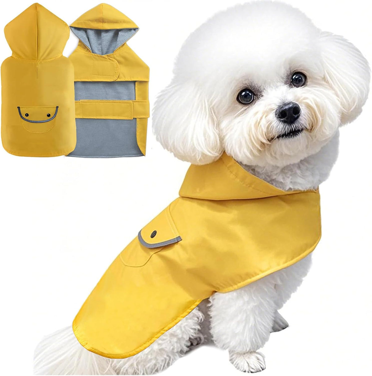 Size small Becnbeau puppy rainwear being measured for accurate back length fit
