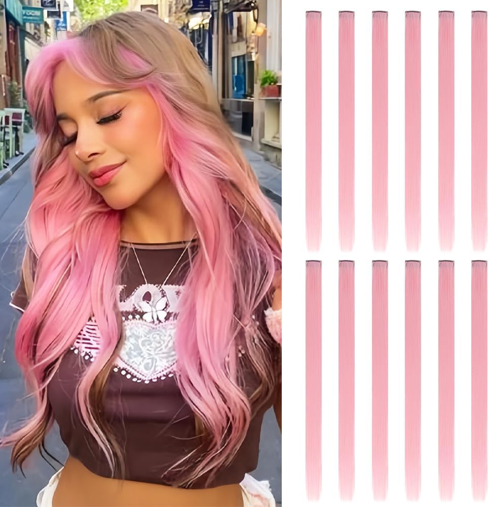 Onas colored clip in hair extension light pink front view showcasing straight texture