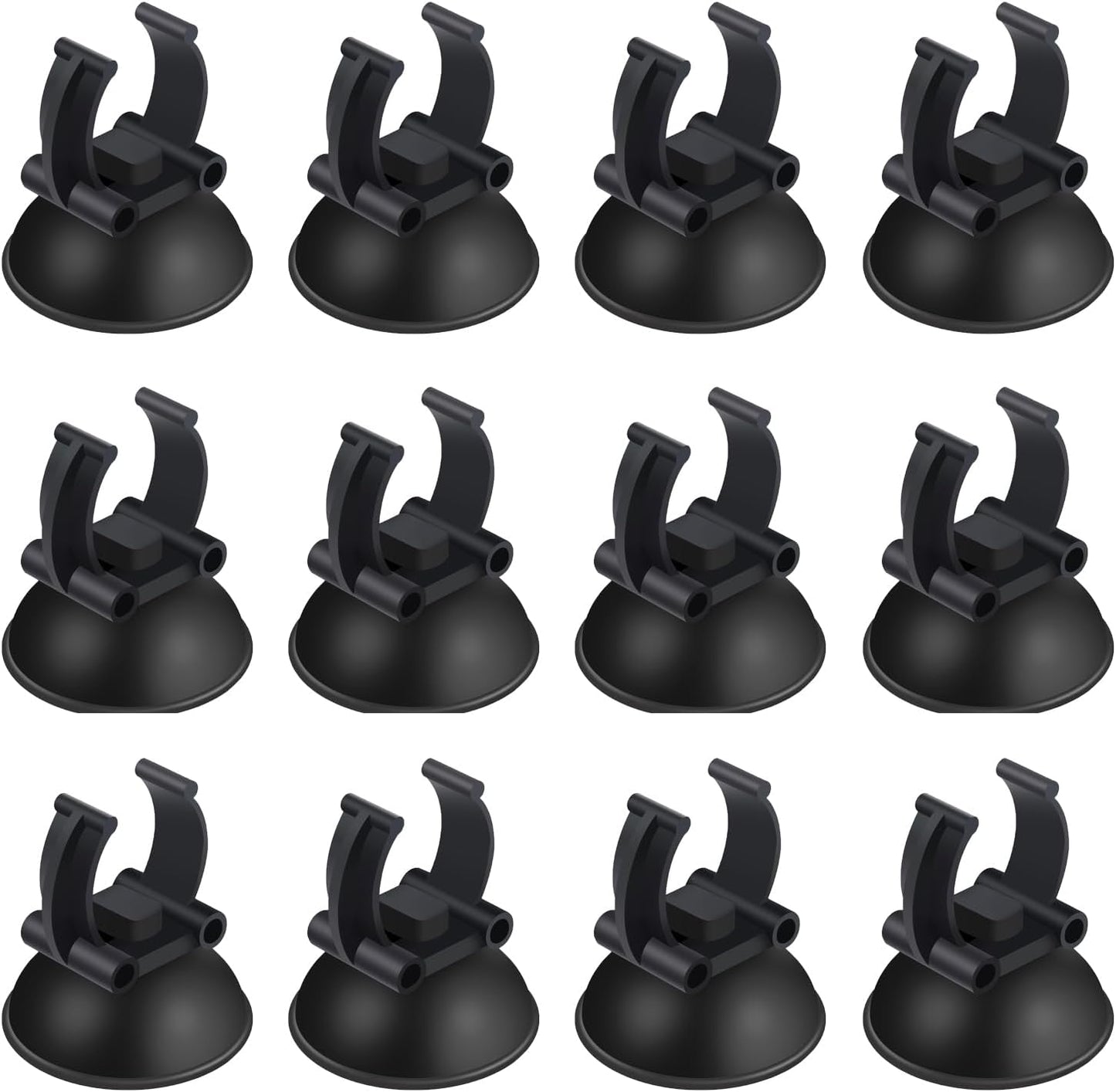 Aquaneat aquarium suction cups 12 pack front view showcasing black rubber pads and plastic clips for fish tank heaters.