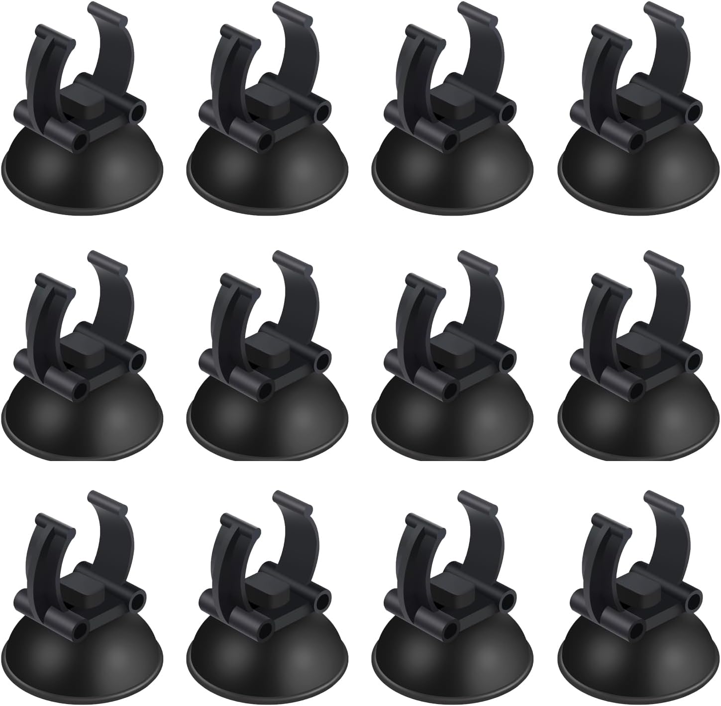 Aquaneat aquarium suction cups 12 pack front view showcasing black rubber pads and plastic clips for fish tank heaters.