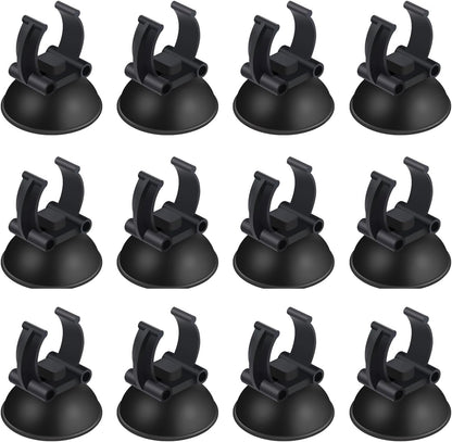 Aquaneat aquarium suction cups 12 pack front view showcasing black rubber pads and plastic clips for fish tank heaters.
