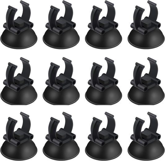 Aquaneat aquarium suction cups 12 pack front view showcasing black rubber pads and plastic clips for fish tank heaters.