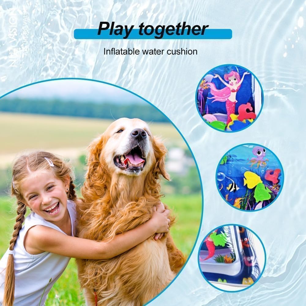 Interactive water filled cooling pad being rinsed down with a garden hose outdoors.