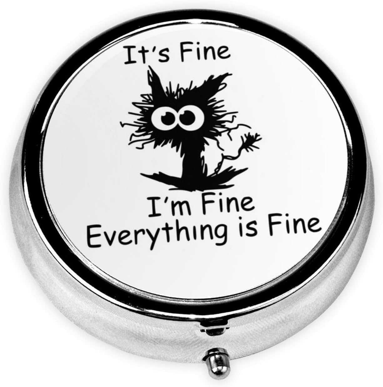 FEODOXO KWSAAHU 3 Compartment Travel Pill Case front view featuring the funny Everything is Fine black cat illustration on a polished metal background.