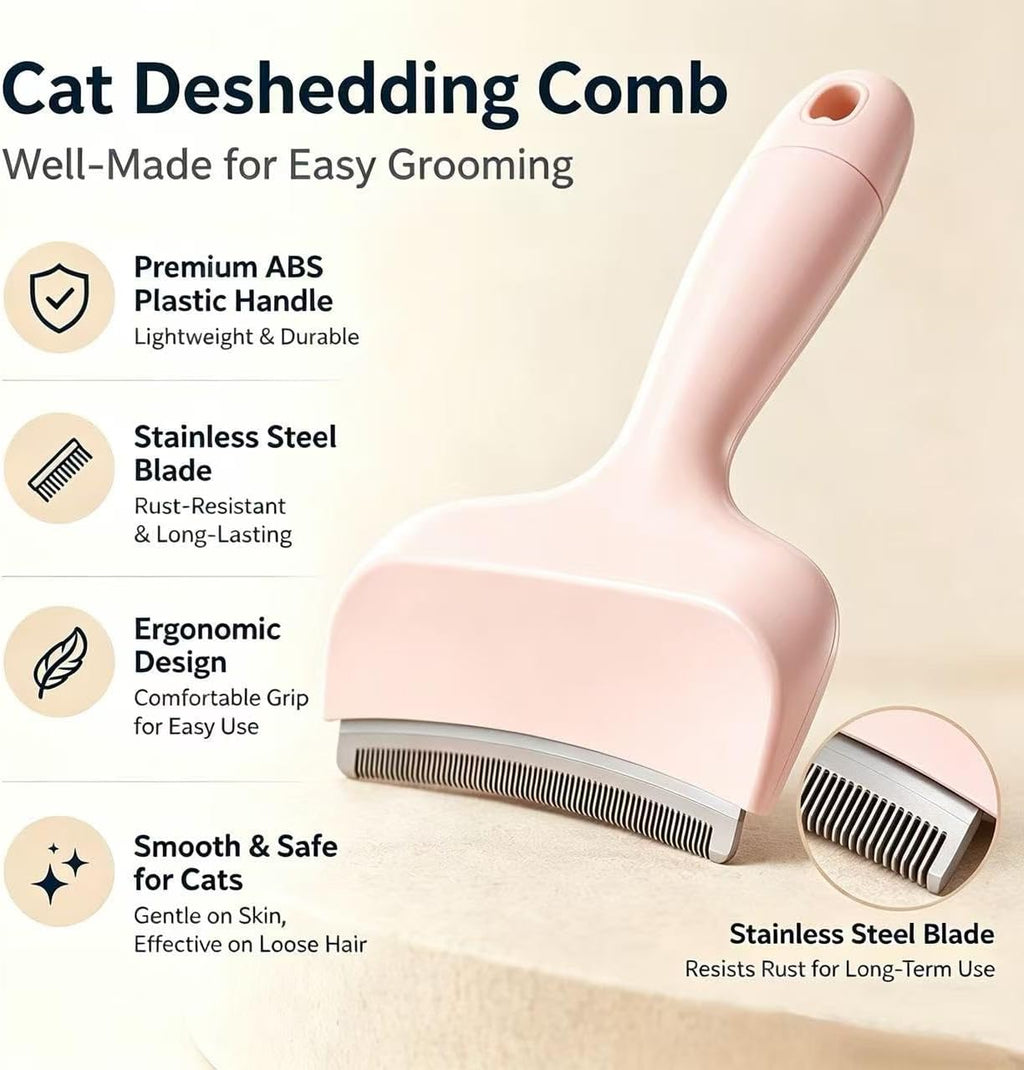V-shaped stainless steel teeth detail on pink pet grooming tool