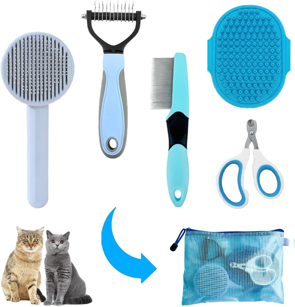 Grooming Kit for Indoor Long-Haired Cats - Self-Cleaning Brushes for Shedding and Matted Fur, Flea Comb Set, Pink - Image 10