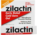 Zilactin Early Relief Cold Sore Medicated Gel front packaging view for oral pain relief.