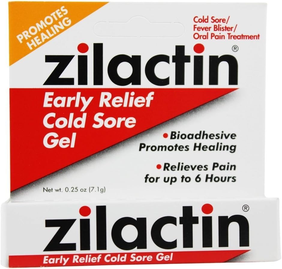 Zilactin Early Relief Cold Sore Medicated Gel front packaging view for oral pain relief.