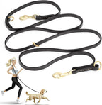 Durable brown leather pet lead laid flat showing the full eight foot length and dual clips.