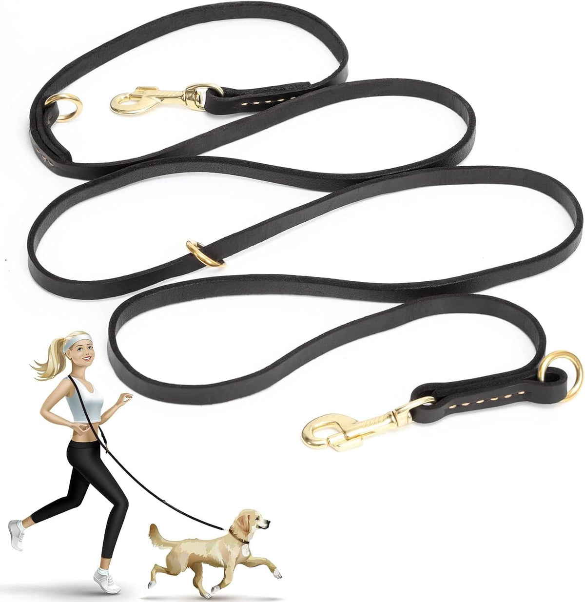 Durable brown leather pet lead laid flat showing the full eight foot length and dual clips.