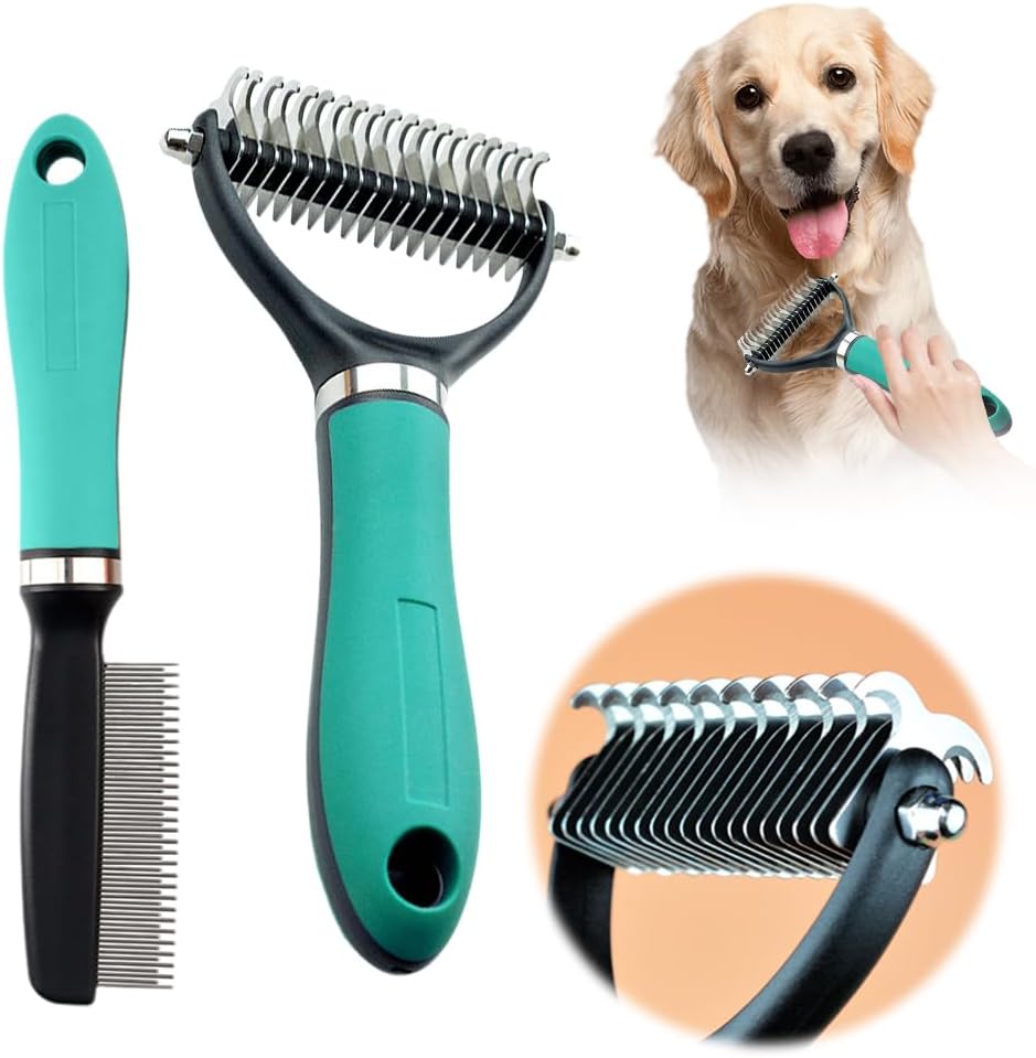 Double-Sided Self-Cleaning Pet Grooming Brush,2026 New Ergonomic Undercoat Rake,Gentle Detangler Brush for Long Thick Pet Hair,Professional Grooming Tool (Green-19Teeth/19Teeth) - Image 10