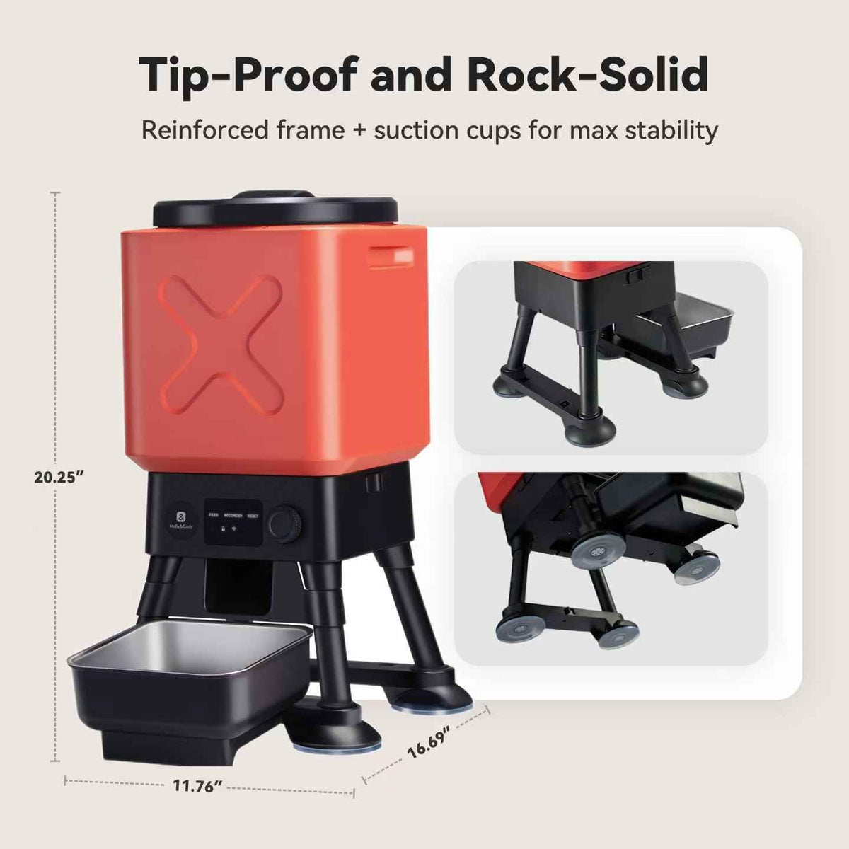 Side angle view of the fourteen liter capacity automatic kibble dispenser with an ergonomic raised base.