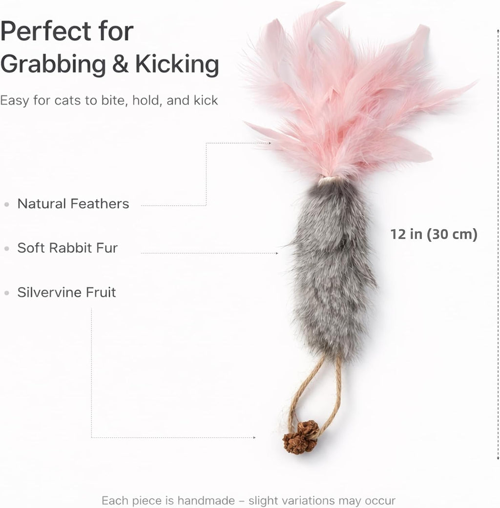 Three vibrant carrot cat toys with natural feathers
