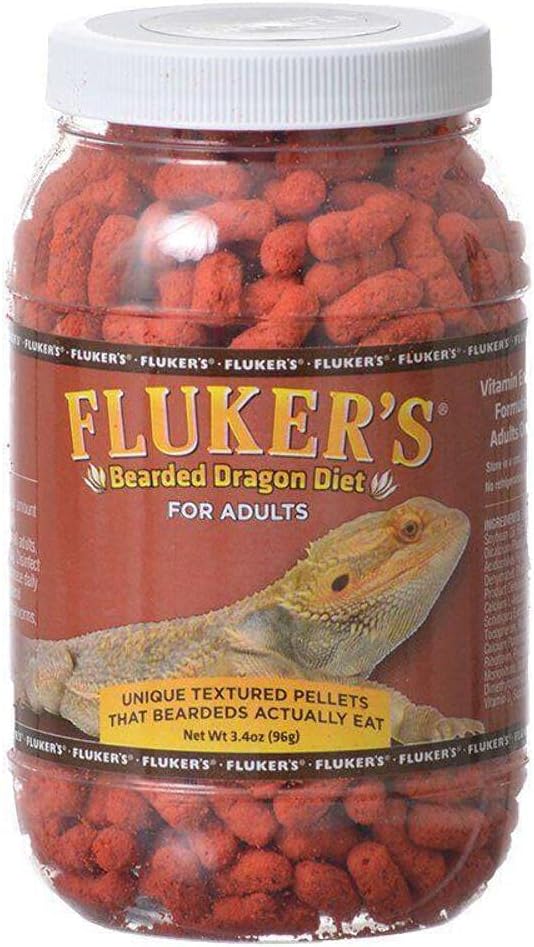 Close up of textured red reptile food pellets in a 3.4 Ounce jar