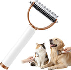 Compact dual sided pet hair remover tool placed inside a travel bag