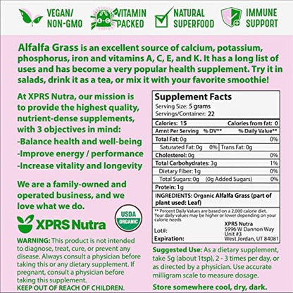 Xprs Nutra alfalfa powder mixed into a healthy green smoothie