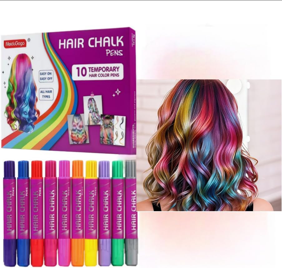 Display of 10 color hair dye pens in packaging