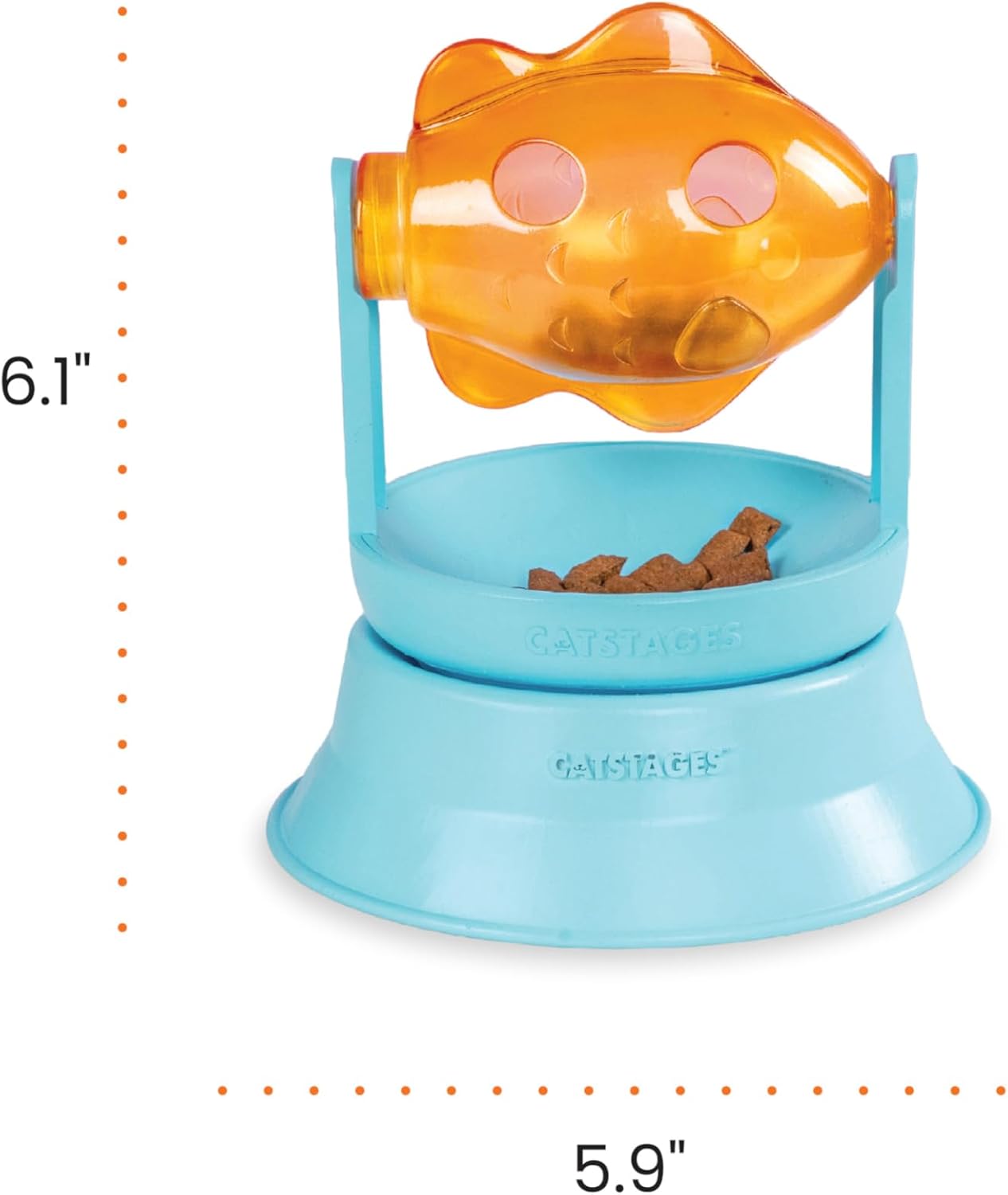 Side view of the durable plastic Catstages spinning fish treat toy for bored indoor cats.