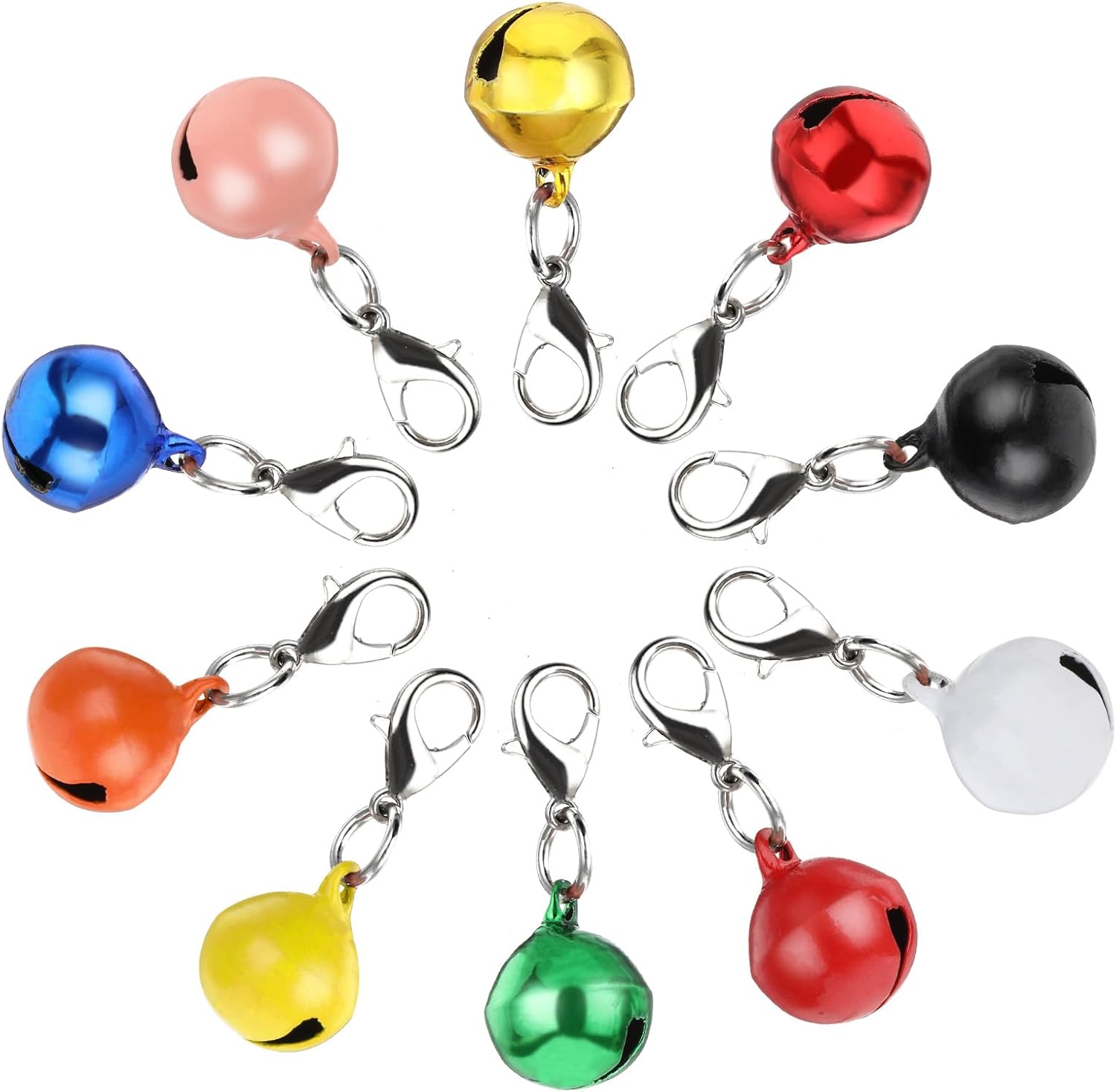 Sorcristy extra loud pet collar bells 10 pieces pack front view showing multiple vibrant colors.