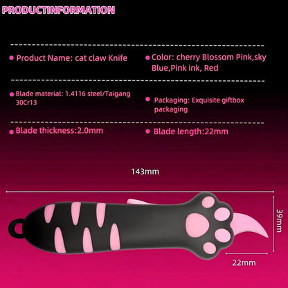 Portable miniature cat paper cutter being used to slice open a shipping box.