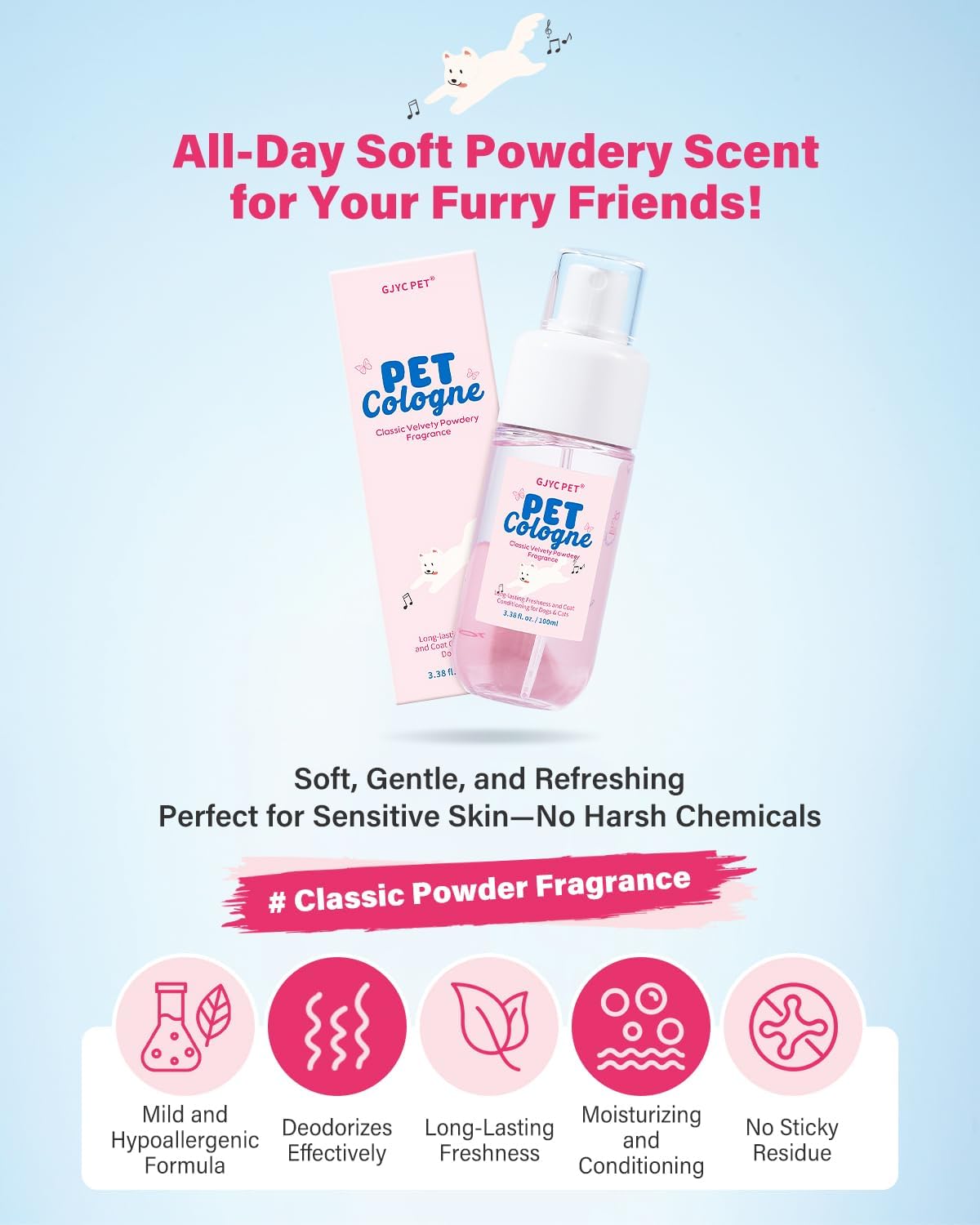 Premium pet deodorizing spray with long lasting classic powdery scent.