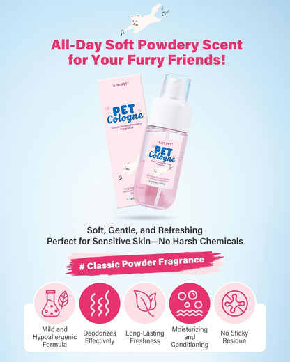 Premium pet deodorizing spray with long lasting classic powdery scent.