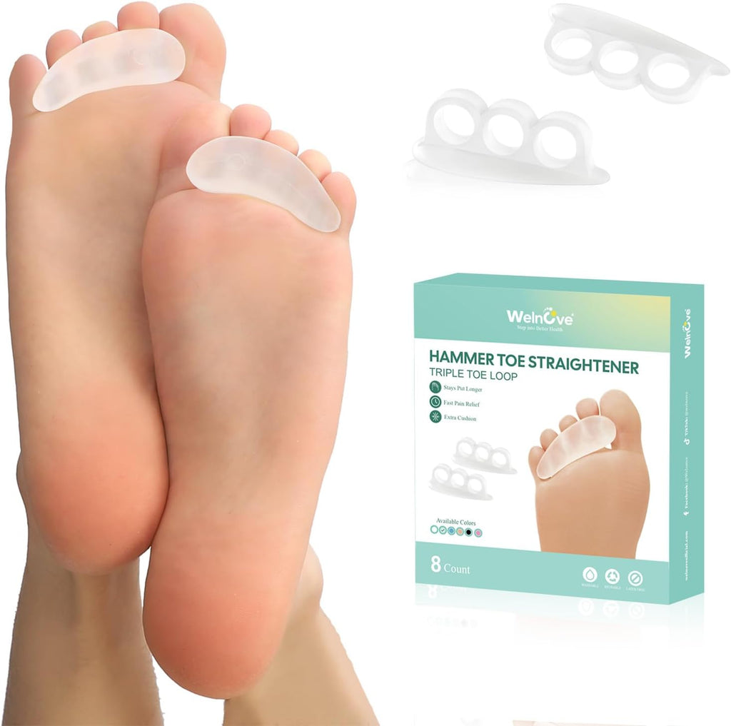 Welnove Hammer Toe Straightener front view clear silicone pads for foot alignment.