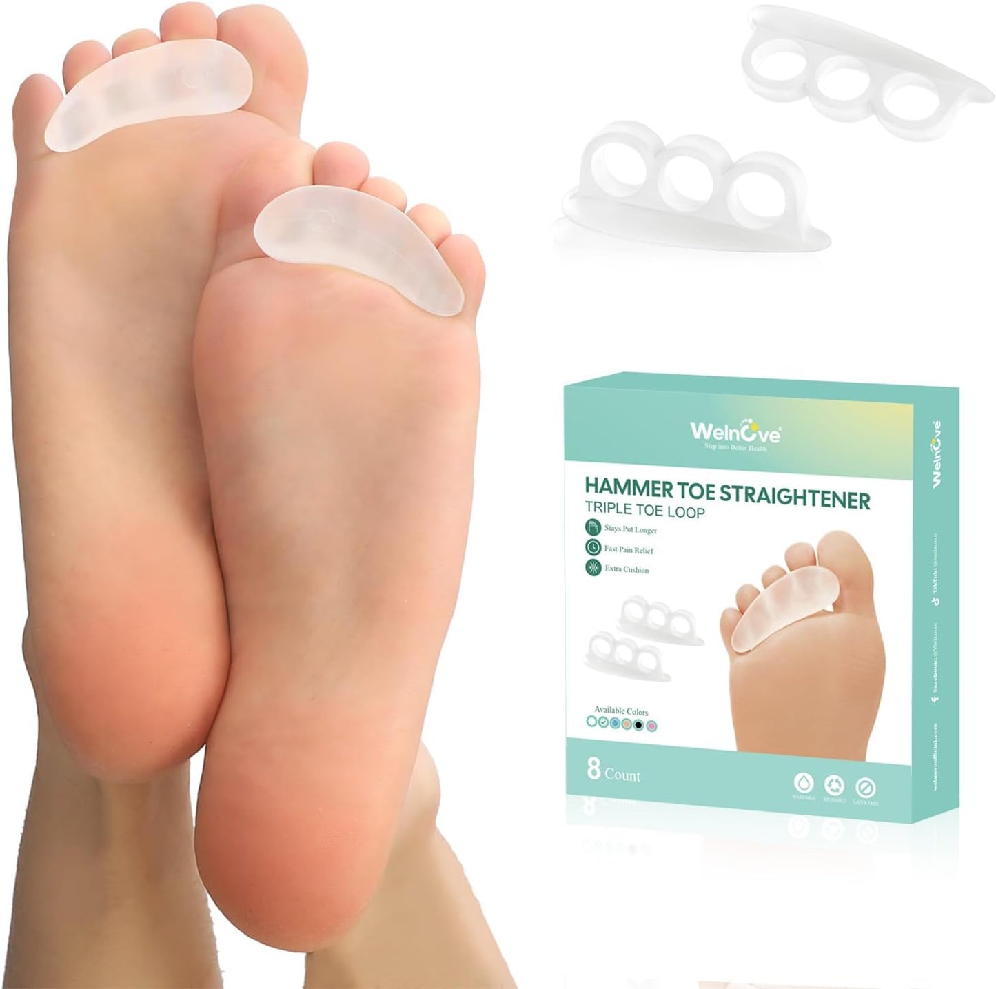 Welnove Hammer Toe Straightener front view clear silicone pads for foot alignment.