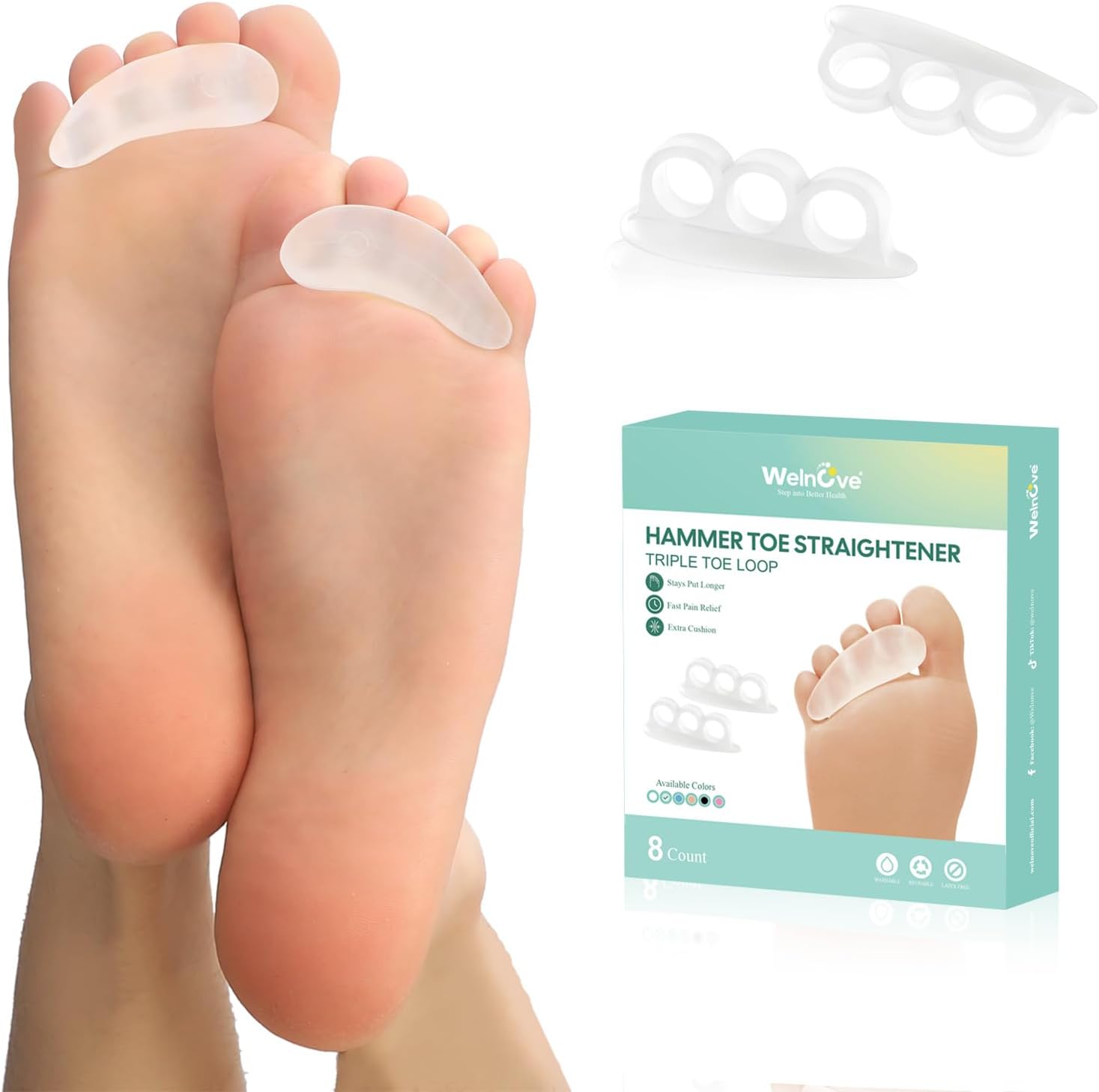 Welnove Hammer Toe Straightener front view clear silicone pads for foot alignment.
