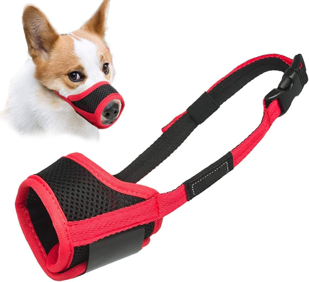 LUCKYPAW dog muzzle front view showing breathable red trim mesh fabric.