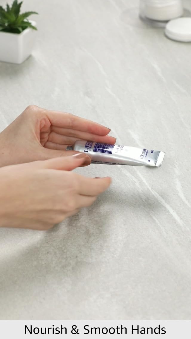 Imported L'Occitane French lavender hand cream tube placement showing premium ingredient labels.