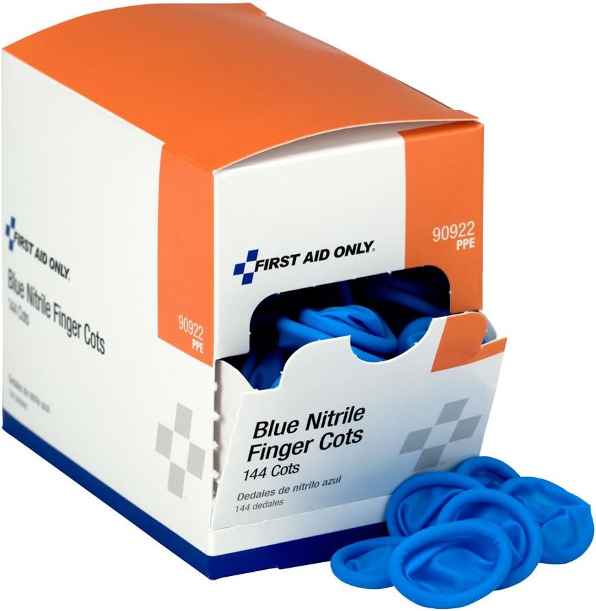 First Aid Only 90922 blue nitrile finger cots retail box front view showing product specifications.