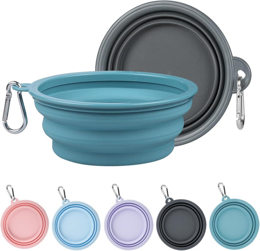 Kytely collapsible dog bowls front view showing the expanded grey and blue travel pet dishes.