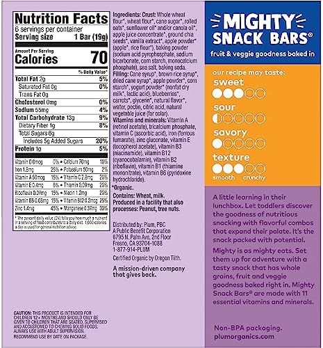 Plum Organics organic whole grain toddler snack bar in blueberry flavor showing the soft-baked outer crust.