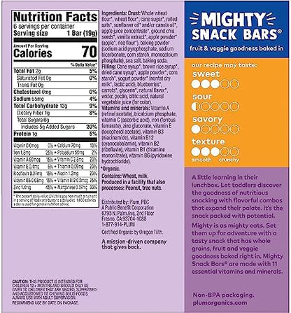 Plum Organics organic whole grain toddler snack bar in blueberry flavor showing the soft-baked outer crust.