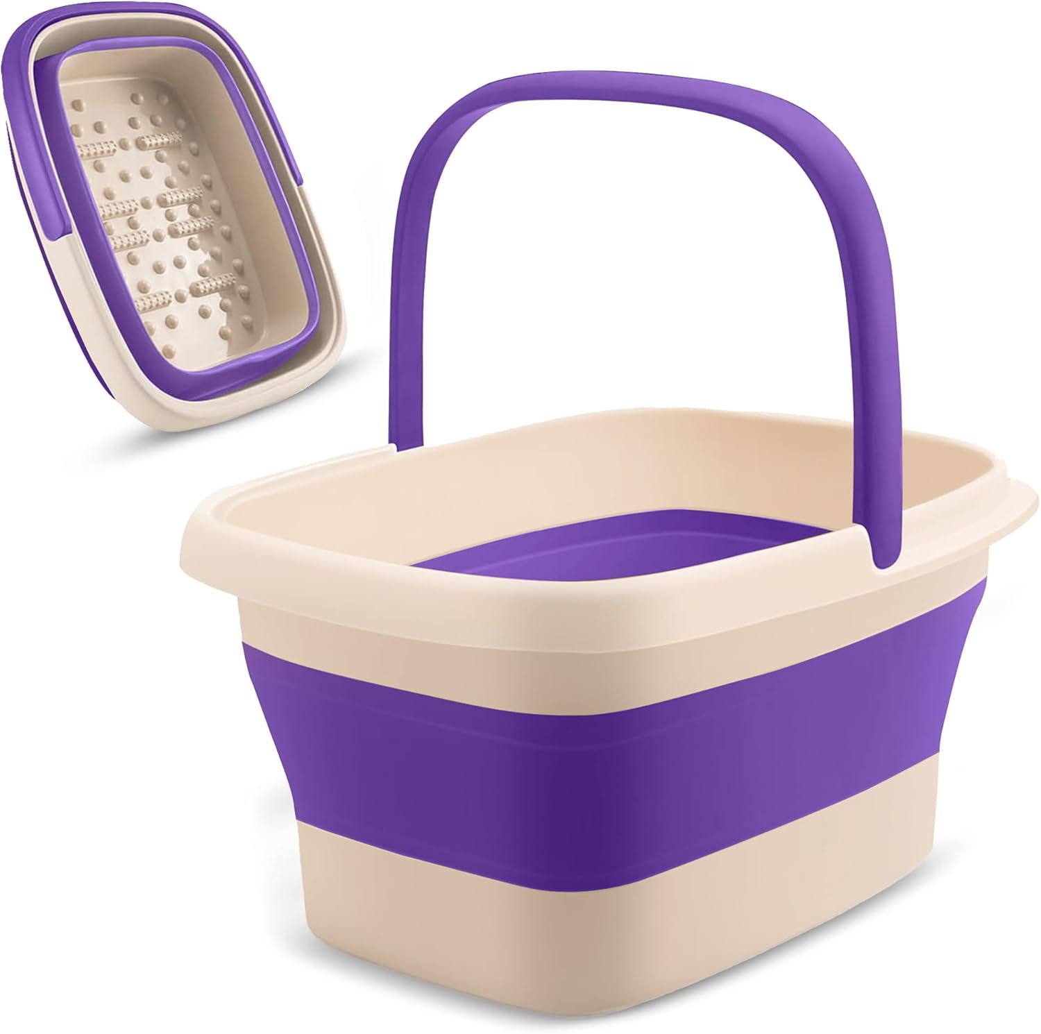 Fivona collapsible foot soak basin front view purple and beige