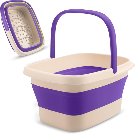Fivona collapsible foot soak basin front view purple and beige