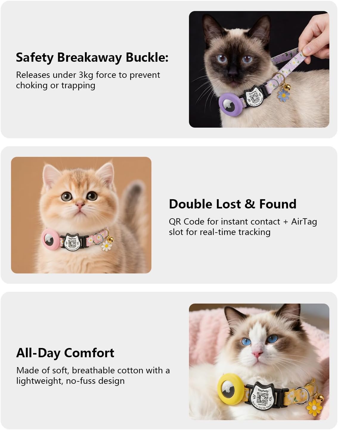 Detailed look at the custom QR code ID tag attached to the pink floral kitten collar.