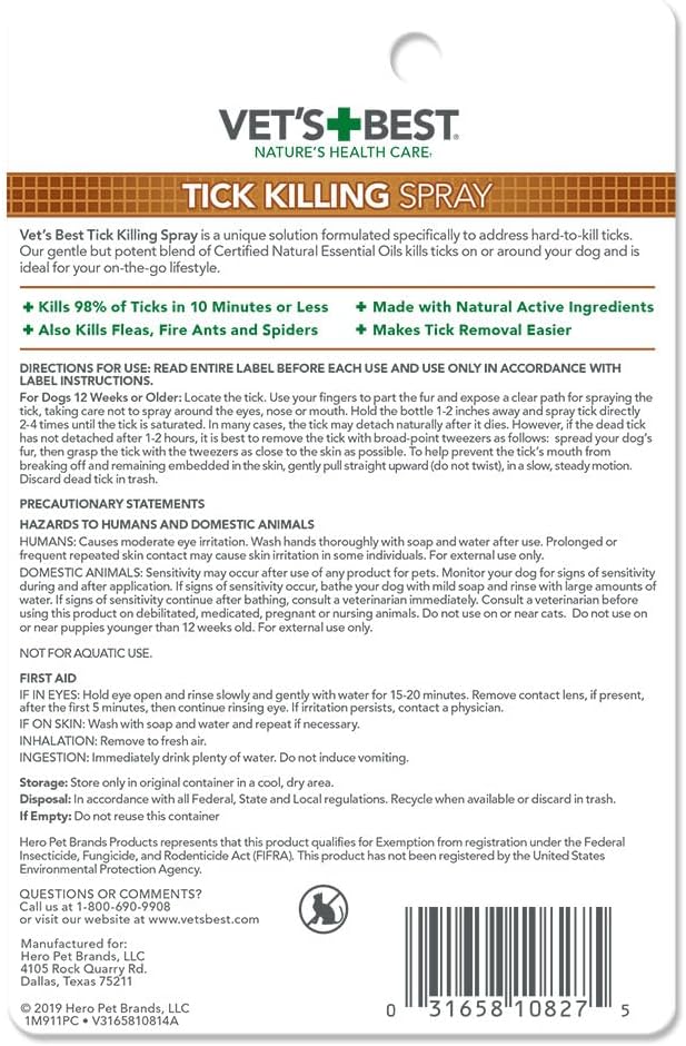 Vet's Best tick treatment bottle label showing plant-based ingredients
