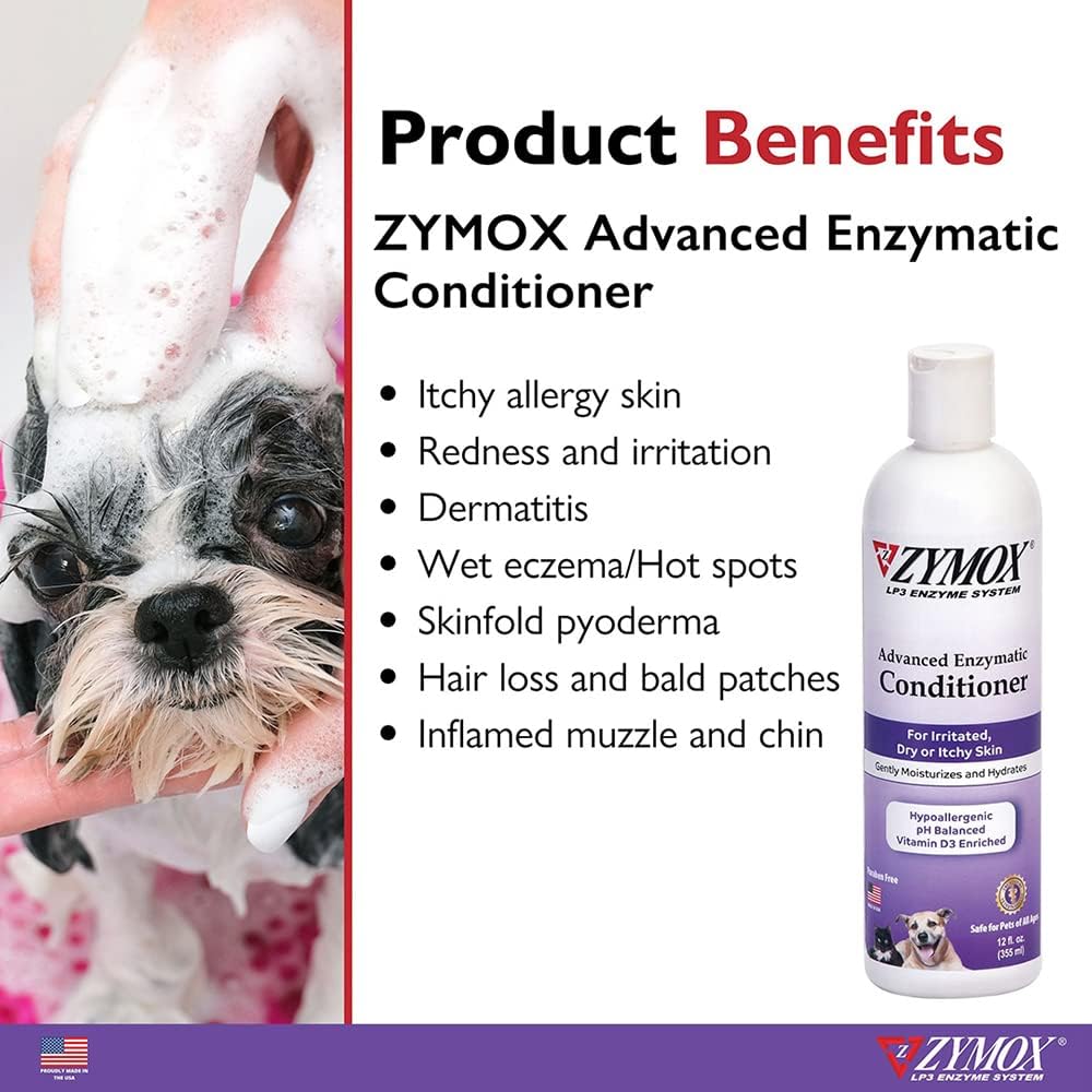 Zymox pet leave in conditioner packaging displaying patented LP3 enzyme system details.
