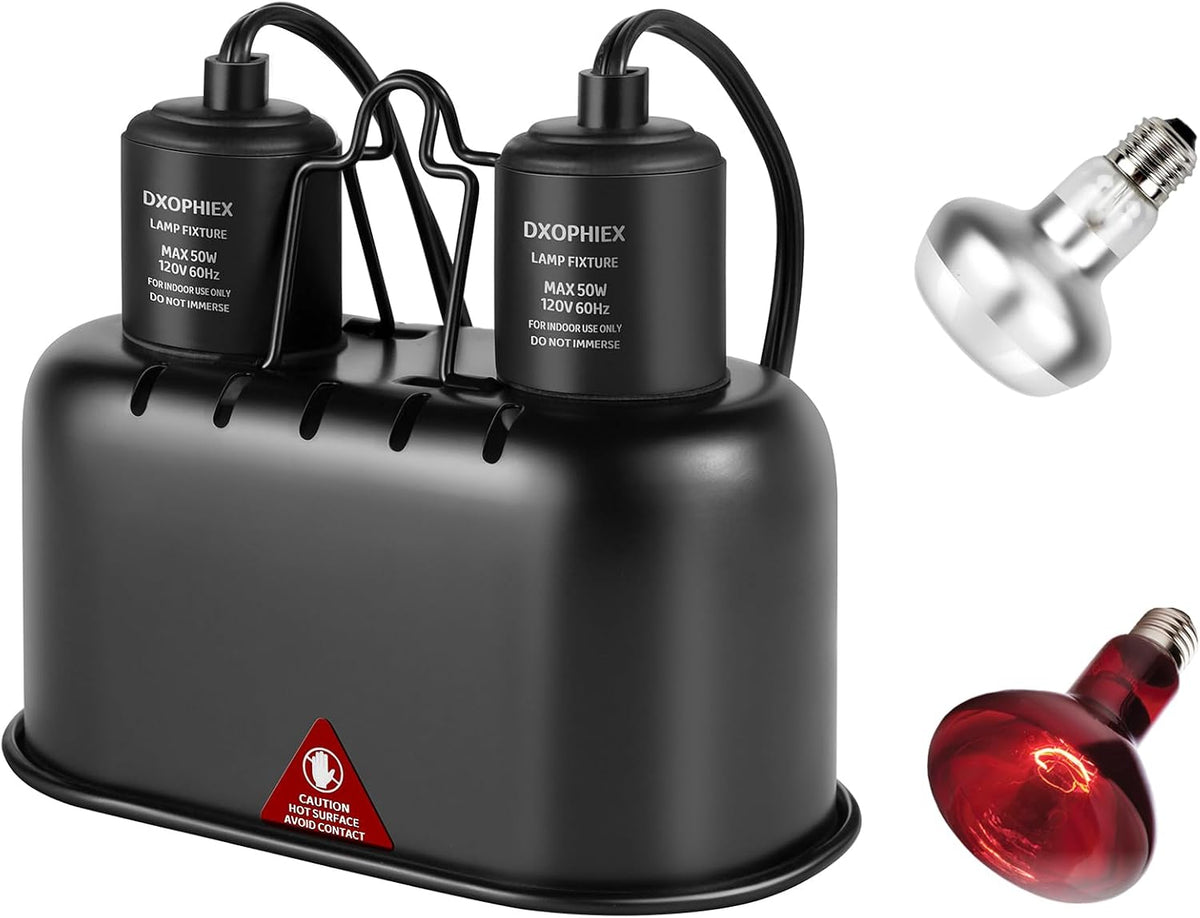 Packaging contents of the authentic DXOPHIEX deep dome reptile heat lamp fixture imported to India.