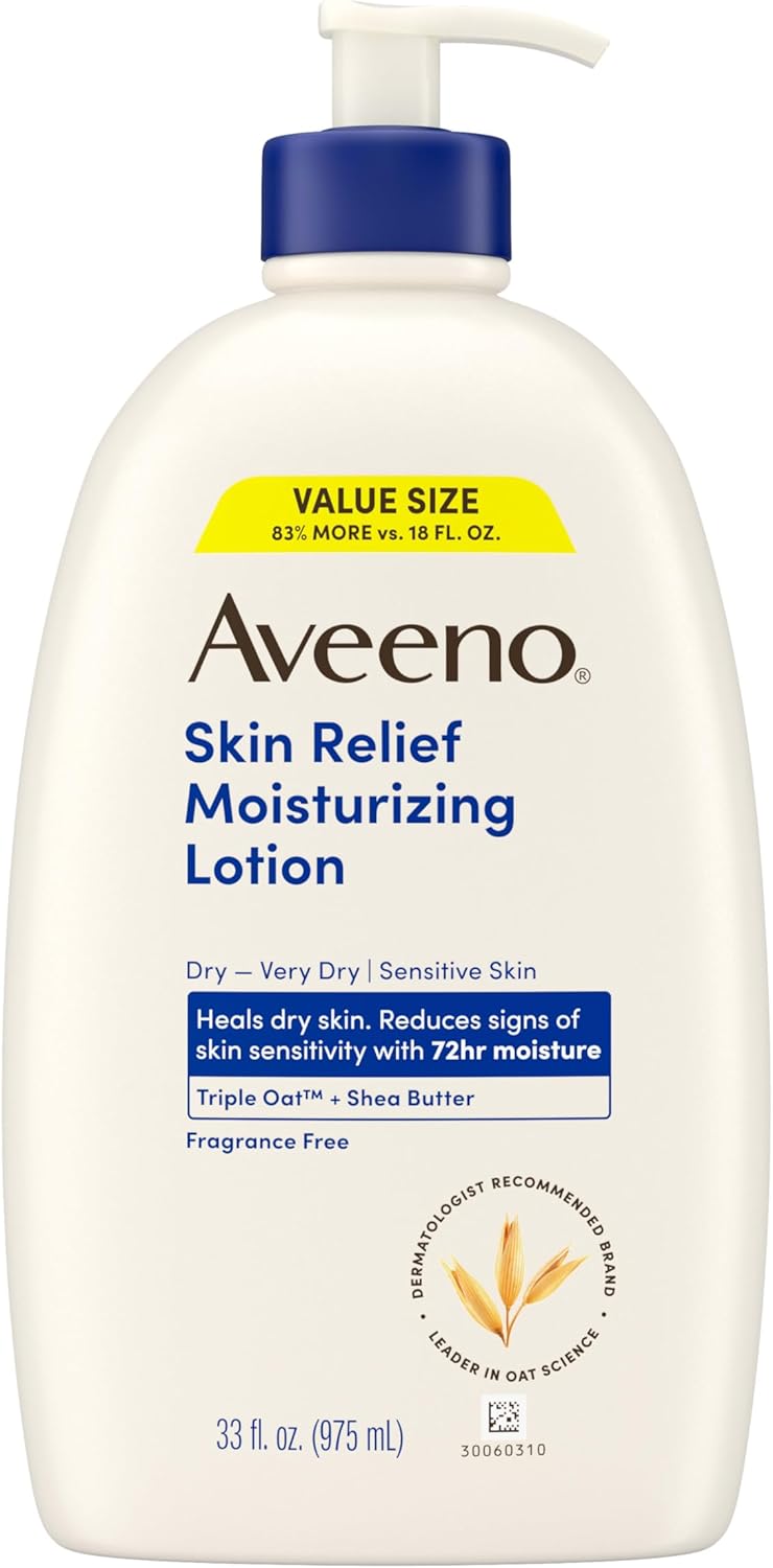 Aveeno Skin Relief Moisturizing Lotion Heals Very Dry, Sensitive Skin, Fast-Absorbing Body Lotion with Soothing Triple Oat & Shea Butter Formula, Fragrance Free, Non-Comedogenic, 12 fl. oz - Image 9