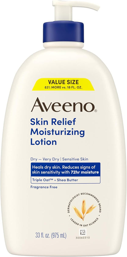 Aveeno Skin Relief Moisturizing Lotion Heals Very Dry, Sensitive Skin, Fast-Absorbing Body Lotion with Soothing Triple Oat & Shea Butter Formula, Fragrance Free, Non-Comedogenic, 12 fl. oz - Image 9
