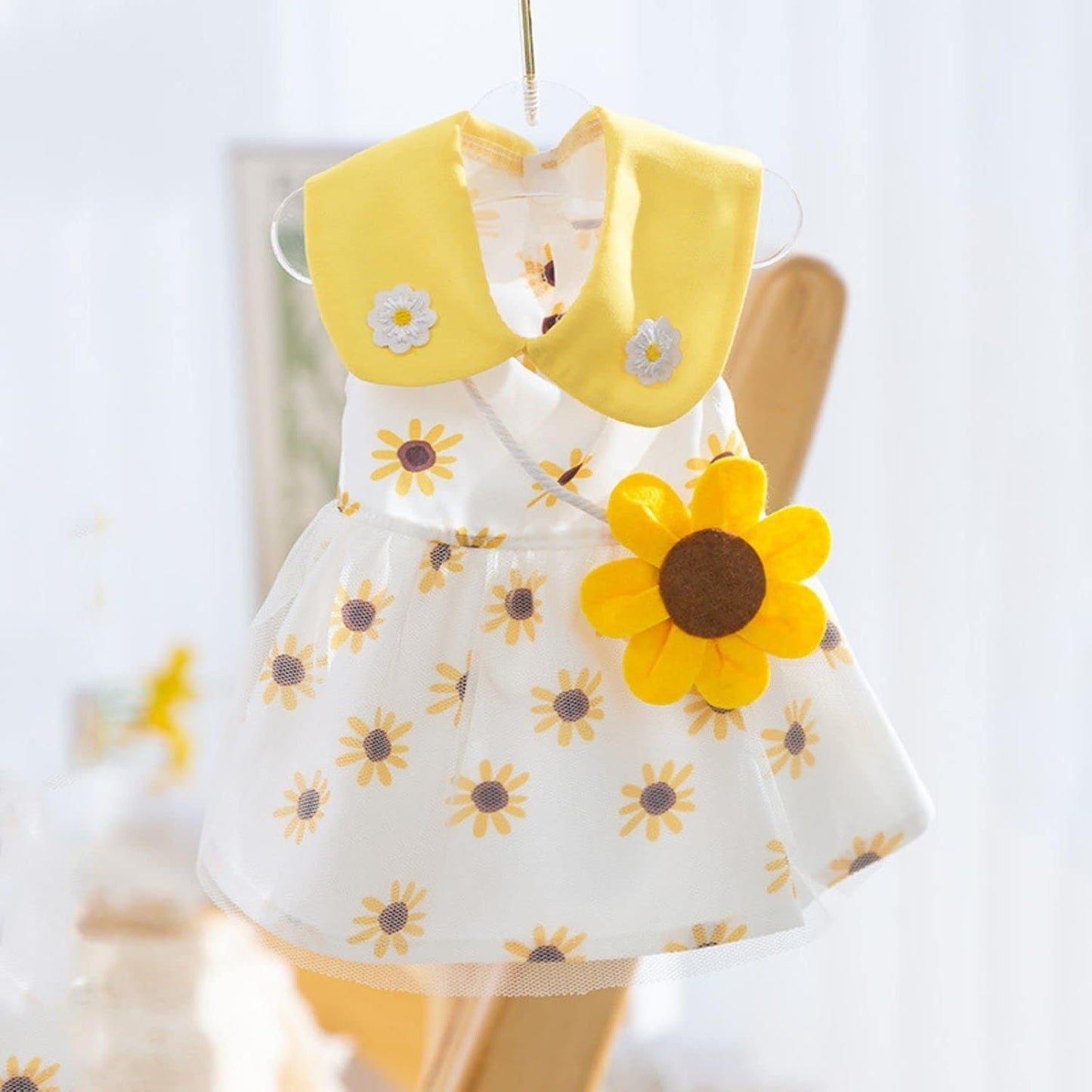 Elegant princess lace floral pet dress displayed on a small dog