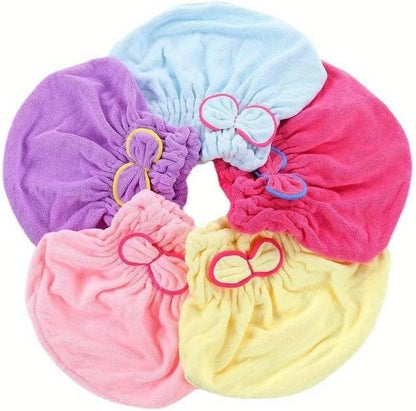 Navya Export dry hair cap coral fleece front view featuring the cute butterfly bow design.